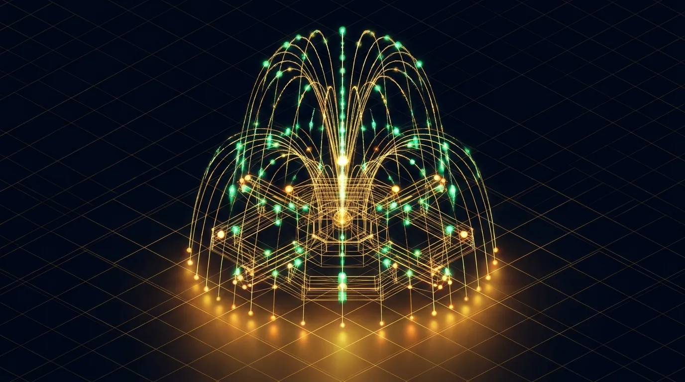 Lattice wireframe fountain structure with emerald and amber nodes cascading downward, representing fluid data pathways
