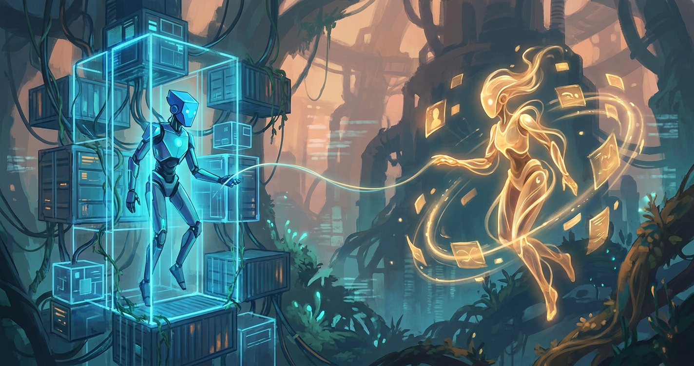Two AI agent frameworks facing each other — one structured and geometric representing OpenClaw orchestration, one fluid and luminous representing Hermes self-learning