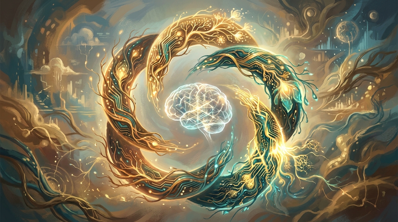 Illustrated visualization of the Hermes Agent self-improving execution loop — a luminous brain-orb surrounded by five glowing feedback arcs representing continuous learning and skill refinement