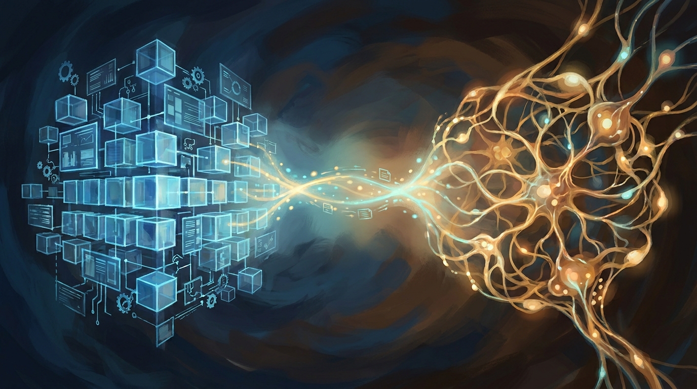 Illustrated bridge connecting two distinct AI framework architectures — blue geometric orchestration structure on the left linked to warm amber neural lattice on the right via the Agent Communication Protocol