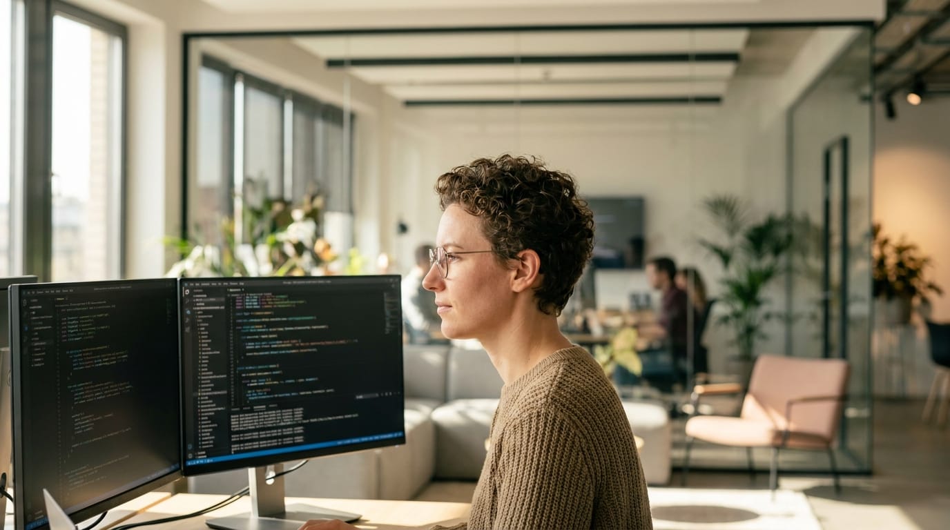 Technical lead looking at dual screens with code in a modern office