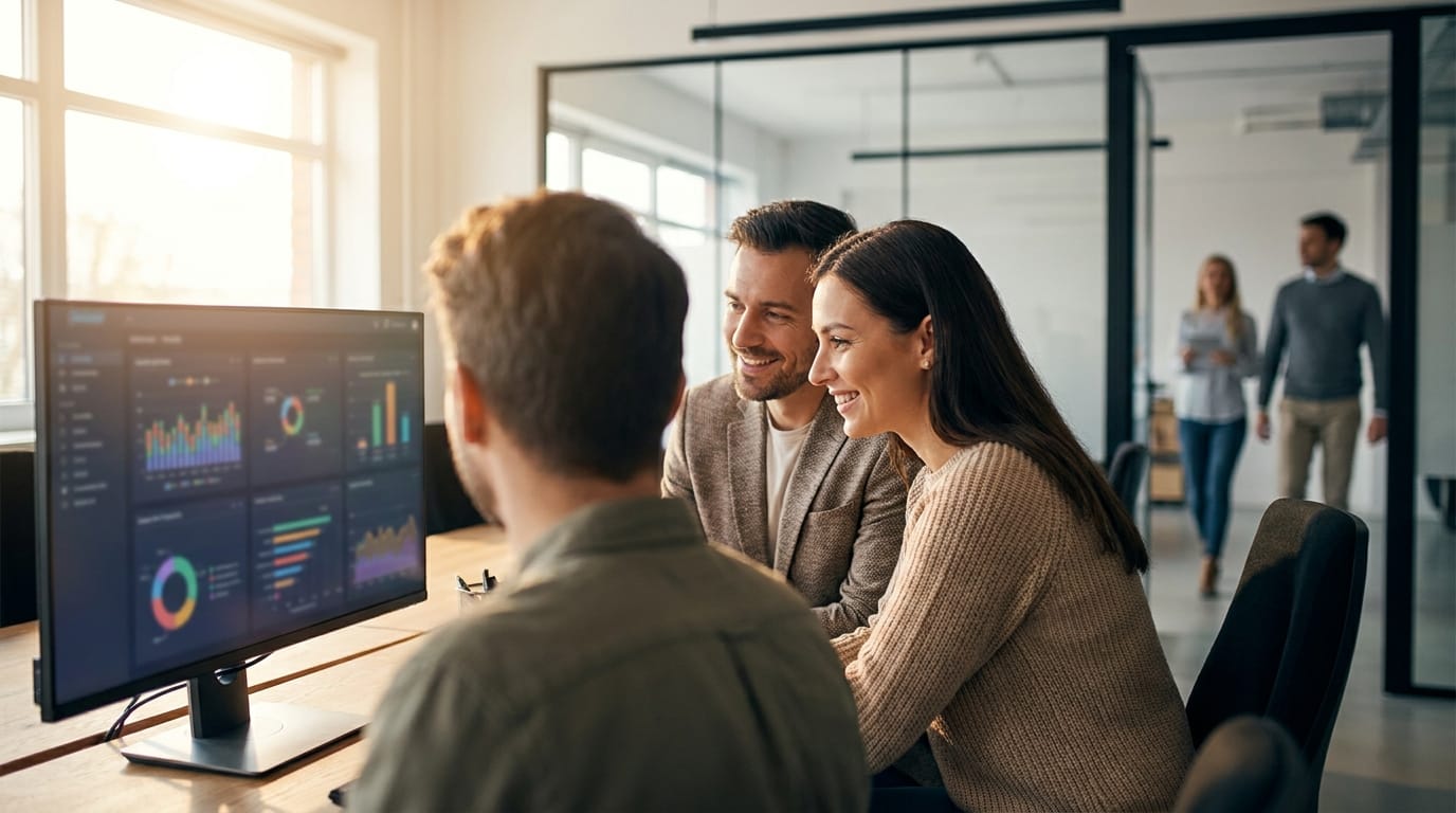 Two professionals looking at analytical data on a shared screen