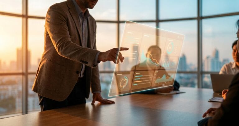 Holographic dashboard showing cost reduction curves above a meeting table