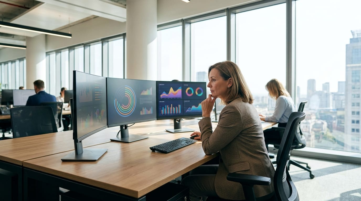 Marketing executive analyzing a digital dashboard for GEO recommendations