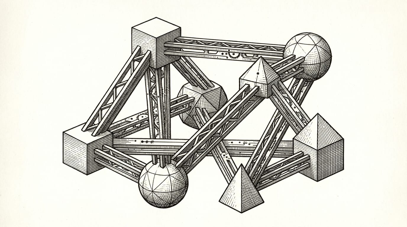 Six architectural geometric nodes representing the six core GEO KPIs