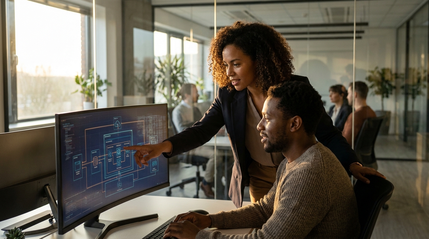 Professional team reviewing AI architecture