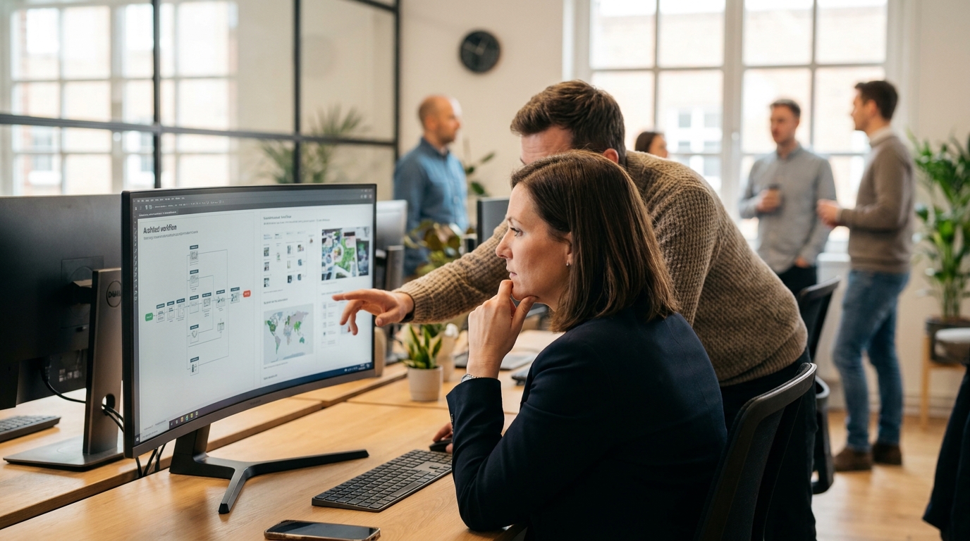 A professional content strategist thoughtfully reviewing architectural workflow diagrams on a modern display.