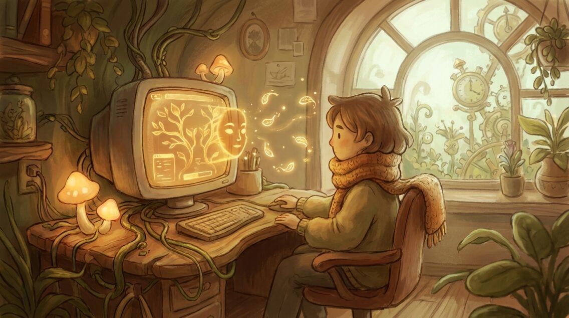 A writer at a desk with a warm, grounded holographic AI interface visible on a screen, working together creatively, glowing seeds of ideas.