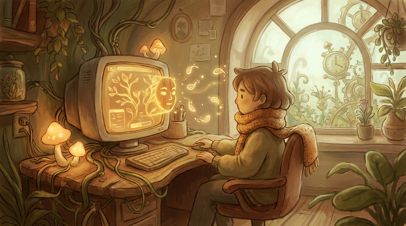 A writer at a desk with a warm, grounded holographic AI interface visible on a screen, working together creatively, glowing seeds of ideas.
