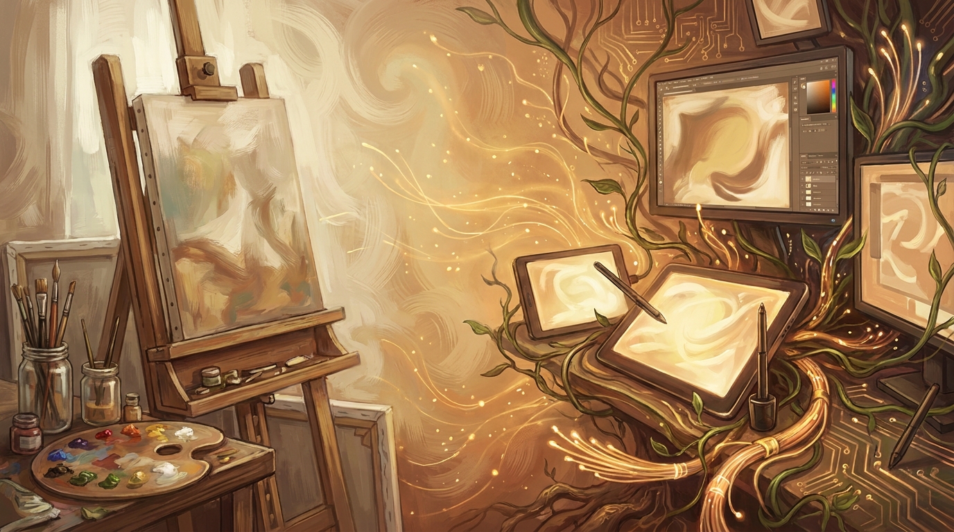 An artist's traditional oil painting studio subtly blending and transforming into a modern digital creator's workspace.
