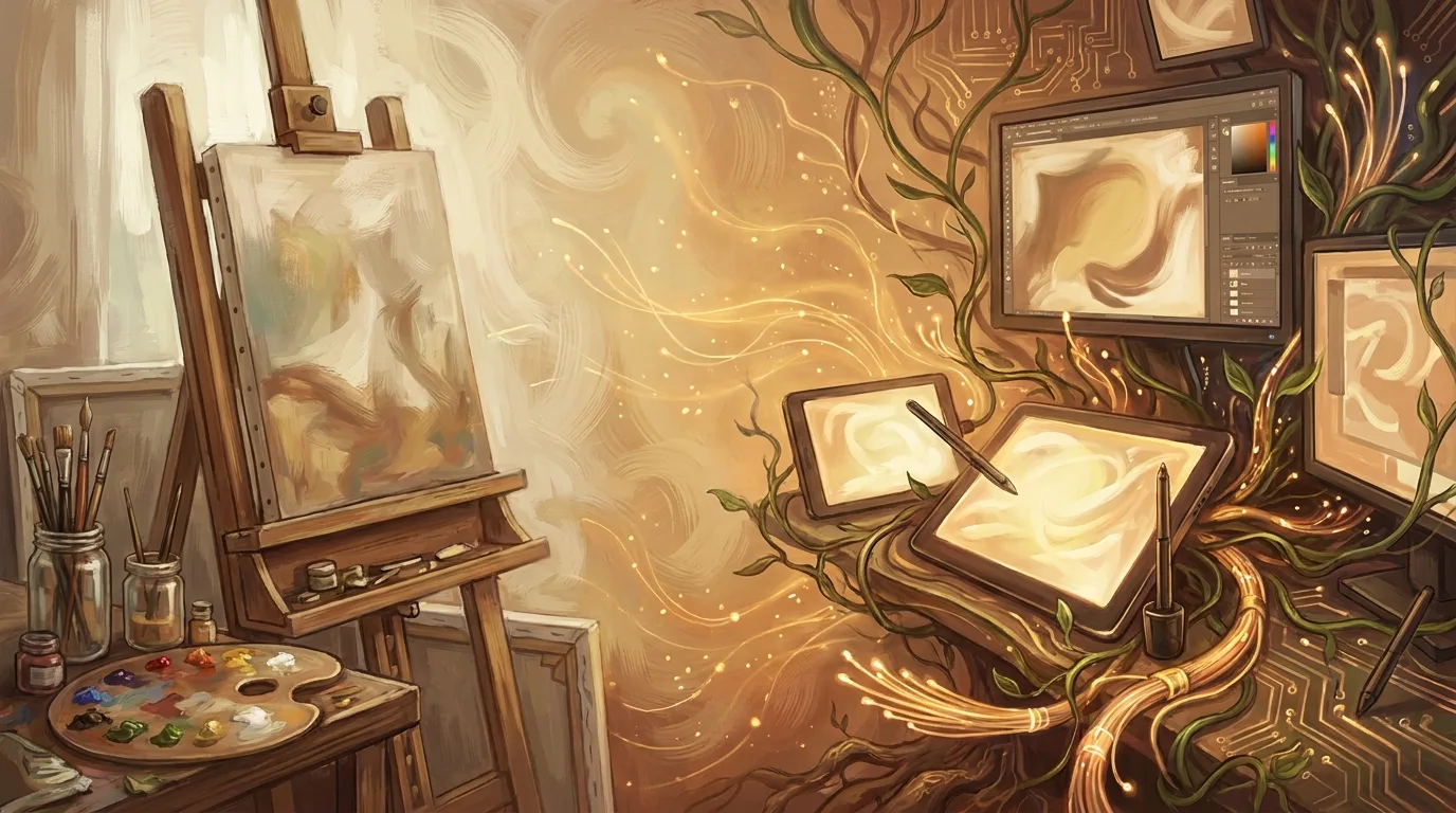 An artist's traditional oil painting studio subtly blending and transforming into a modern digital creator's workspace.