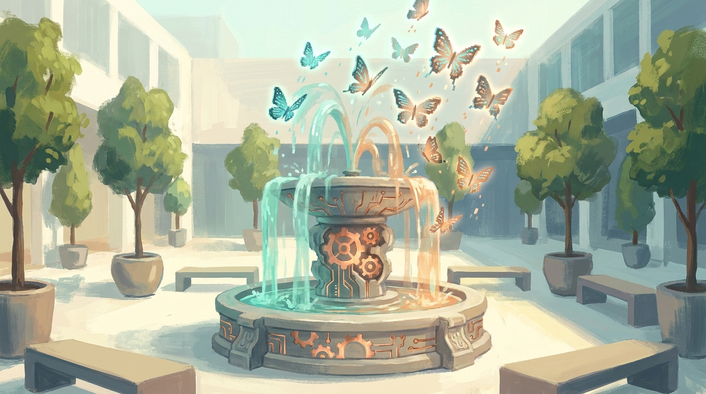 An ornate water fountain with cascading jets in a bright modern courtyard, water transforming into glowing digital butterflies.