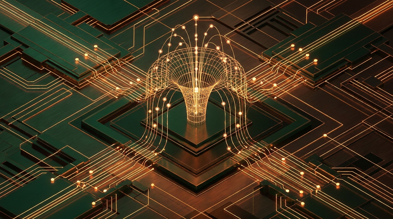 Lattice wireframe fountain structure with glowing nodes