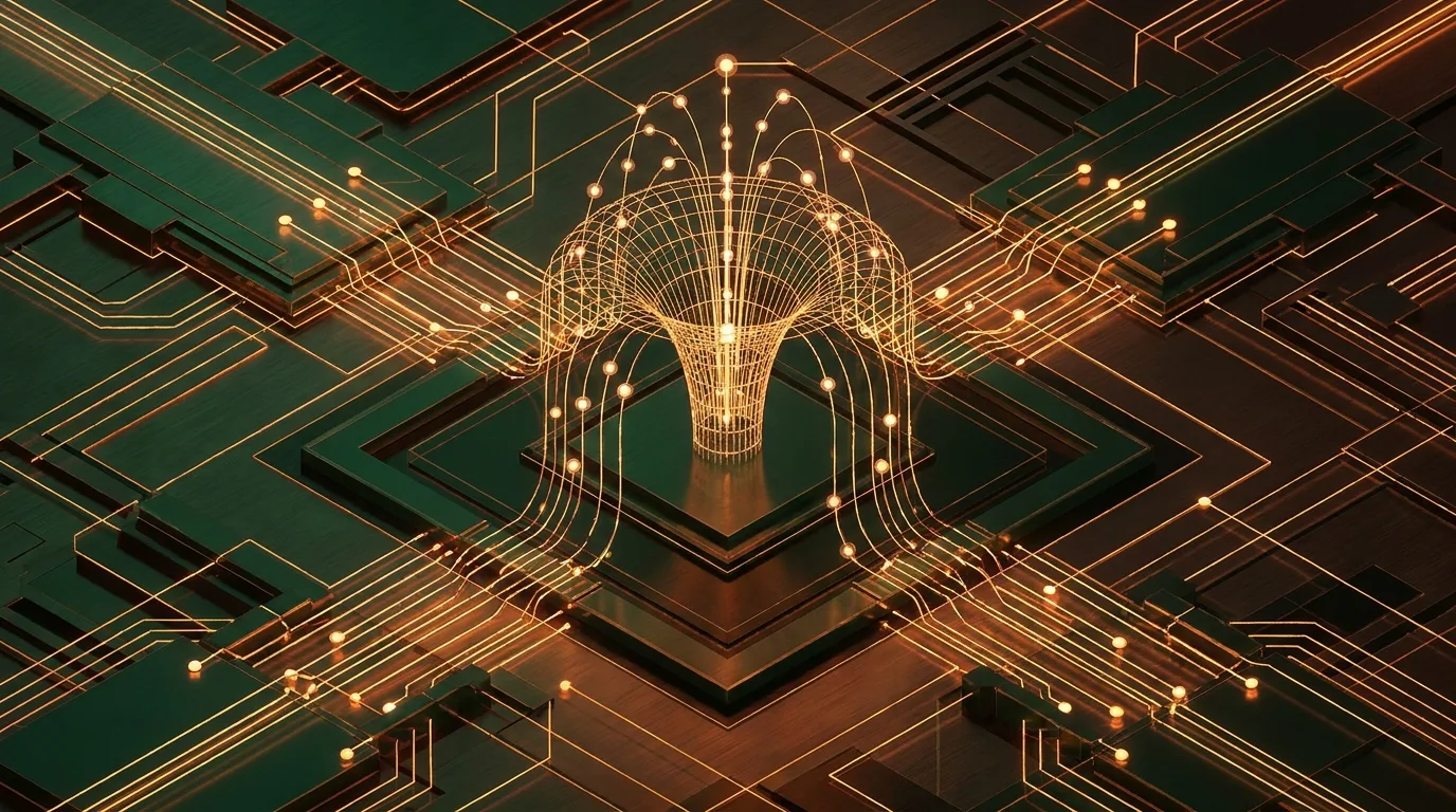 Lattice wireframe fountain structure with glowing nodes