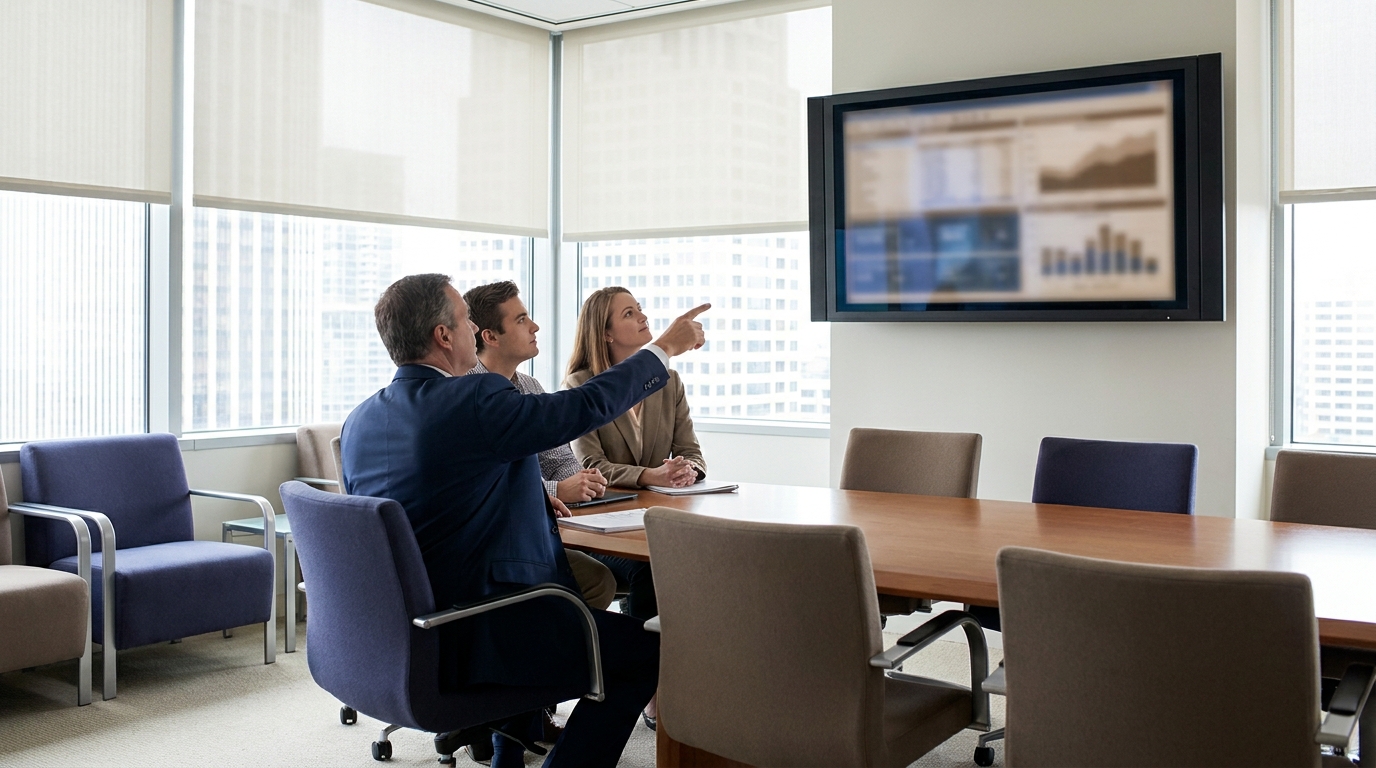 Agency principal and team reviewing dashboards in a modern office