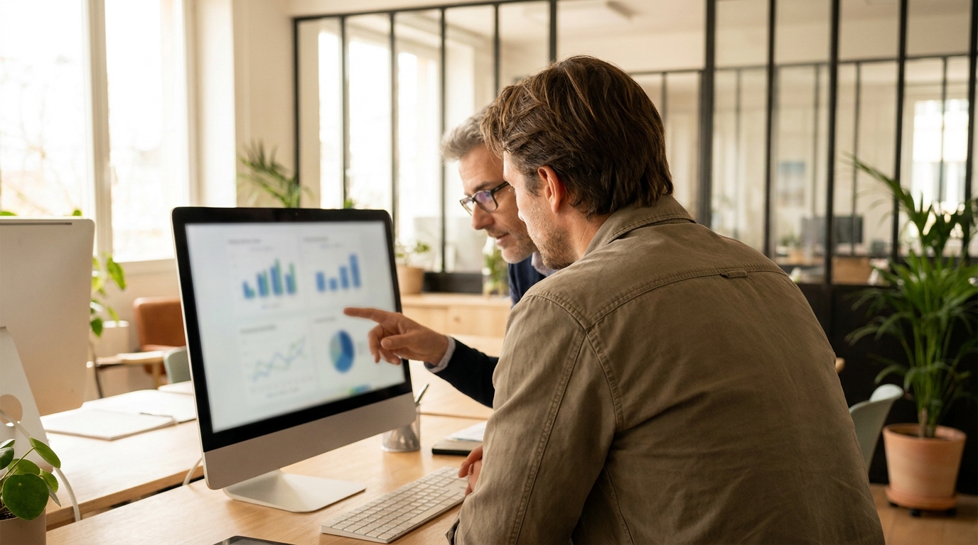 Two professionals in a modern office looking at a shared monitor reviewing system metrics