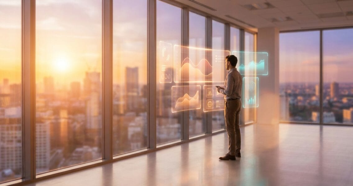Wide cinematic shot of a professional looking at a floating translucent amber and cyan evaluation dashboard