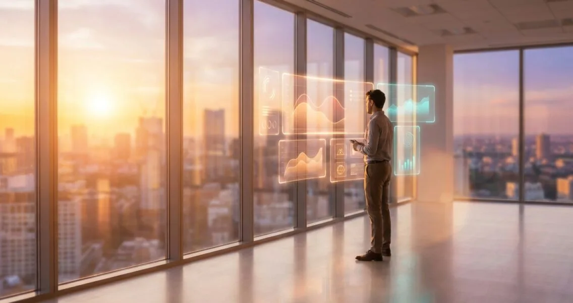 Wide cinematic shot of a professional looking at a floating translucent amber and cyan evaluation dashboard