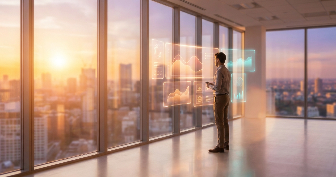 Wide cinematic shot of a professional looking at a floating translucent amber and cyan evaluation dashboard