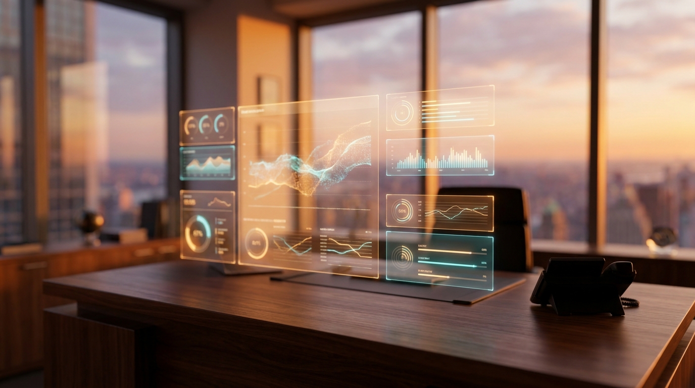 Close up of glowing translucent data streams and metric panels hovering above a dark walnut desk