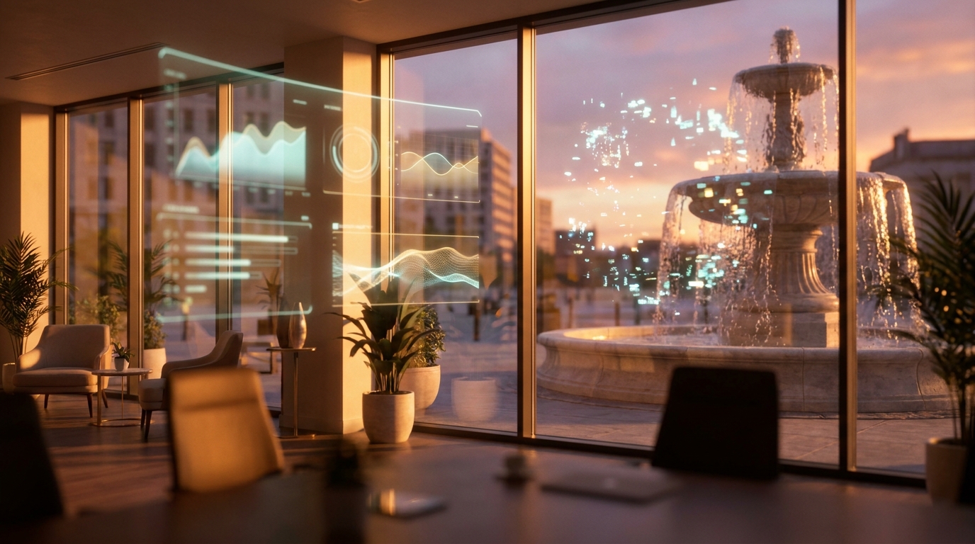 Beautiful fountain in a sunset-lit plaza with holographic data fragments floating in the mist