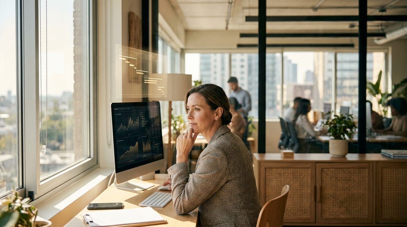 Professional at a desk reviewing environmental data on a holographic interface