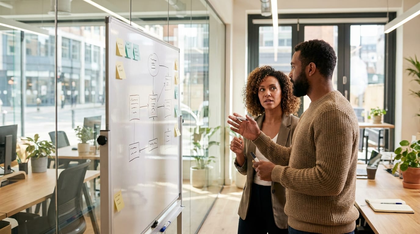 Professionals discussing cost discipline at a whiteboard