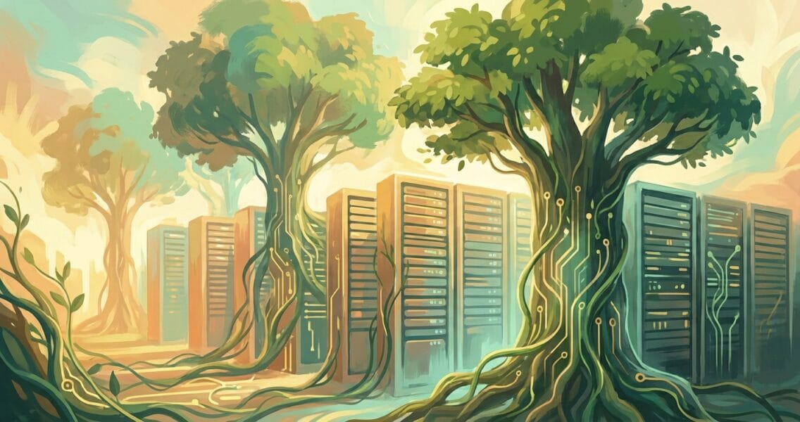 Data center transforming into a lush green forest