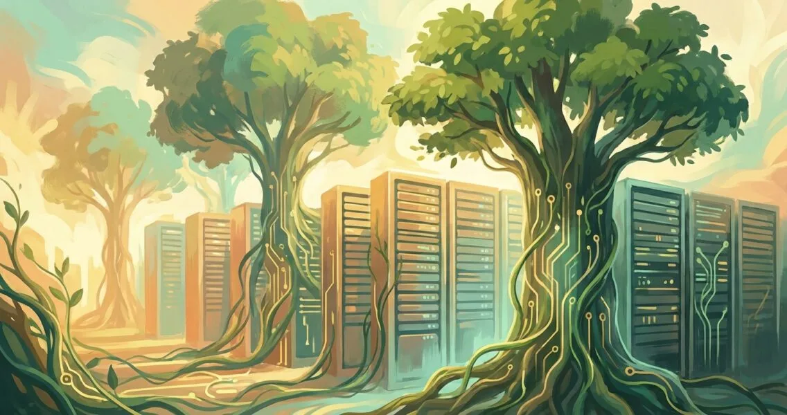 Data center transforming into a lush green forest
