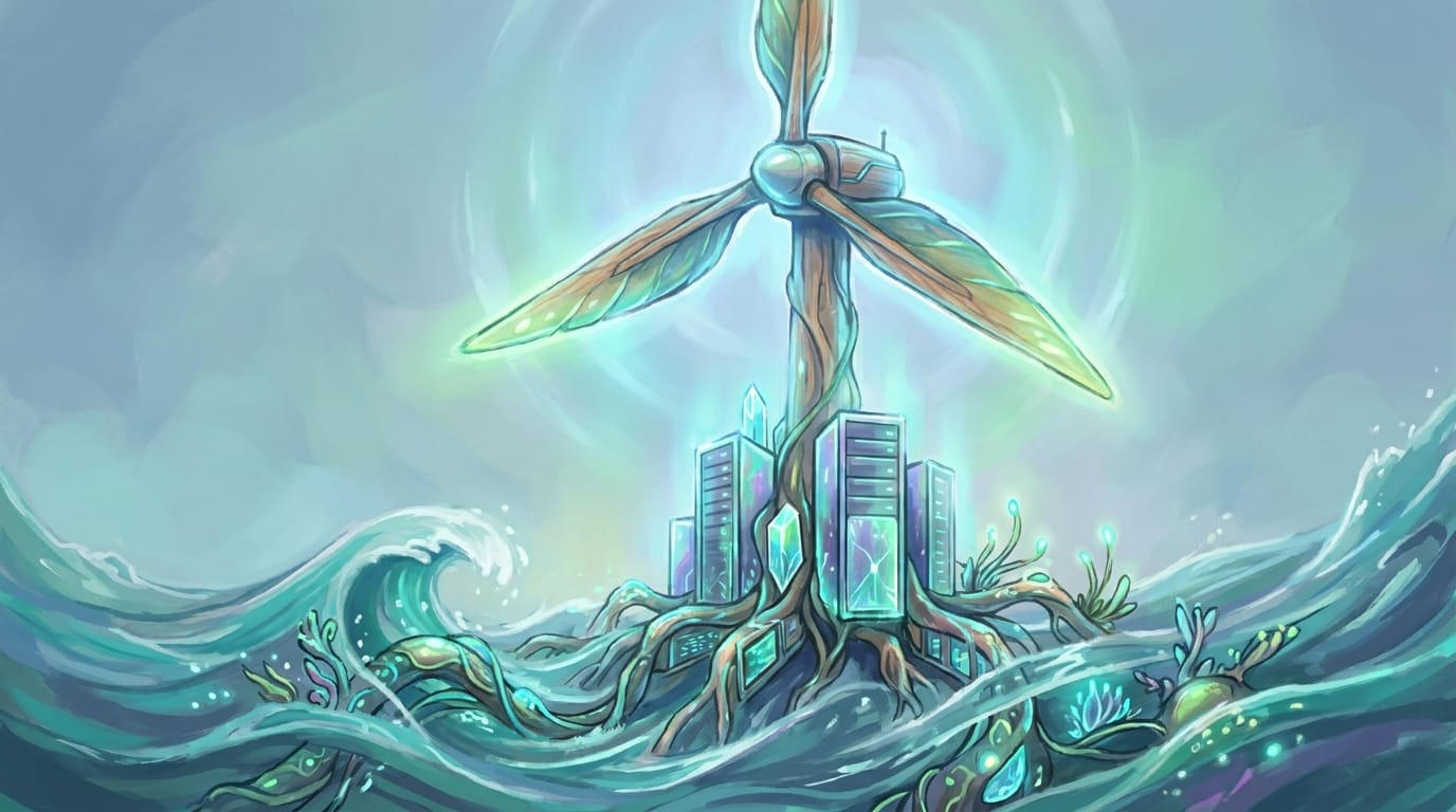 Futuristic offshore wind turbine and glowing data servers