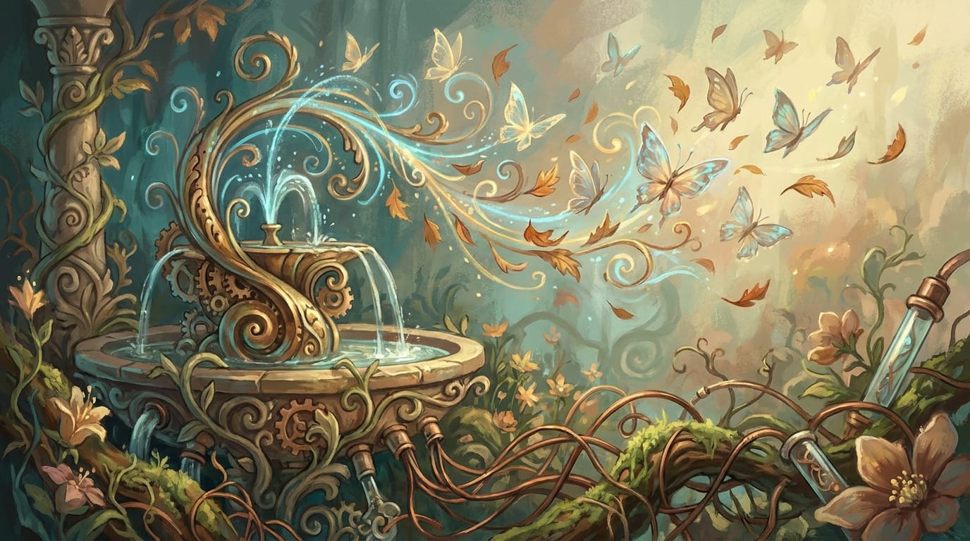 Ornate fountain with water turning into glowing butterflies