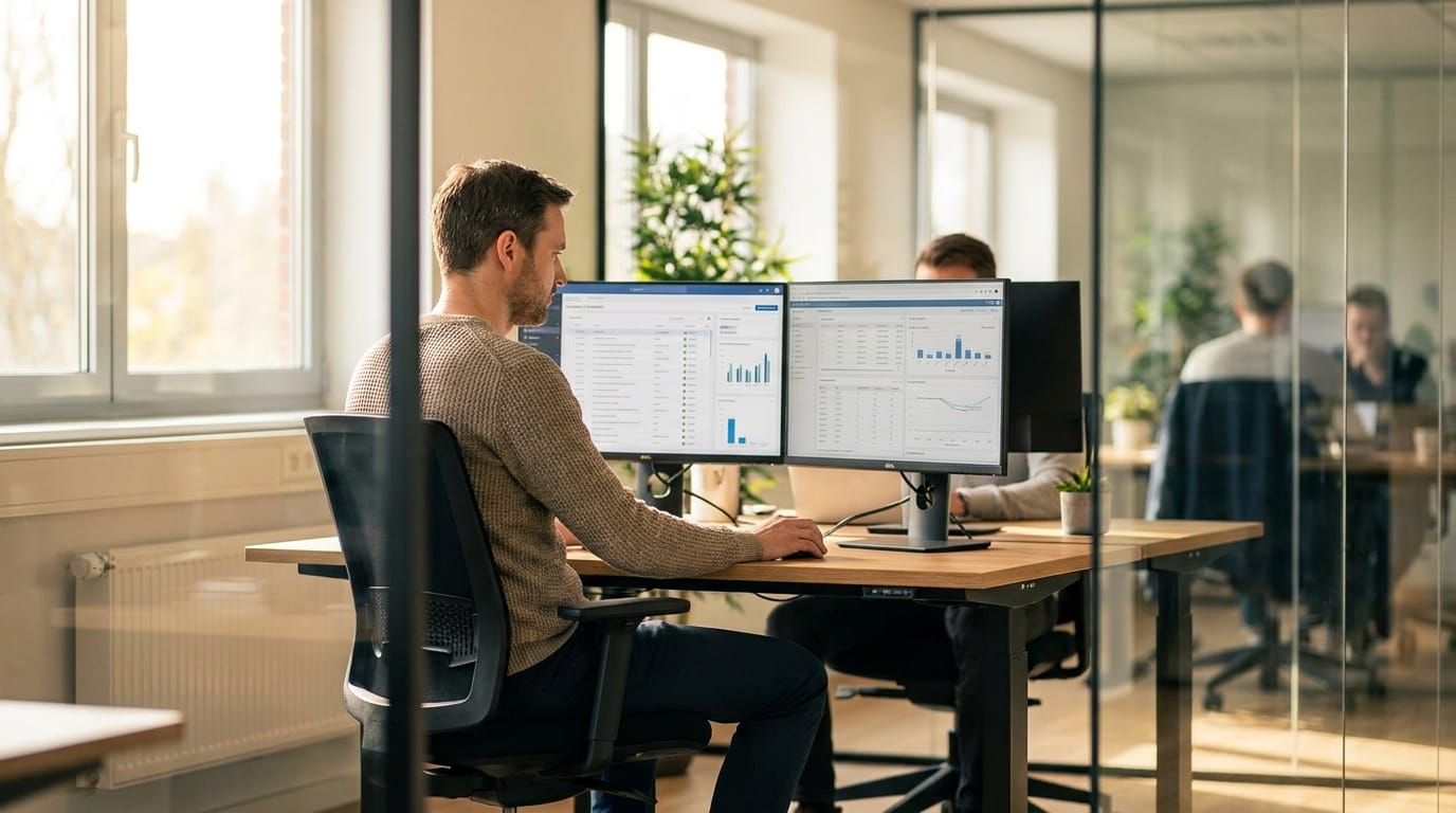 Software developer at dual monitors in a modern office, each screen displaying a different data source, representing the separate retrieval namespaces for RAG and agent memory