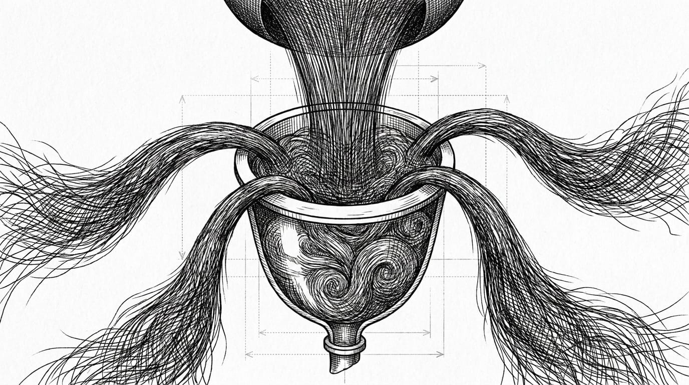 Ink etching of an overflowing vessel with four streams cascading outward, representing the four production failure modes when a context window is treated as storage