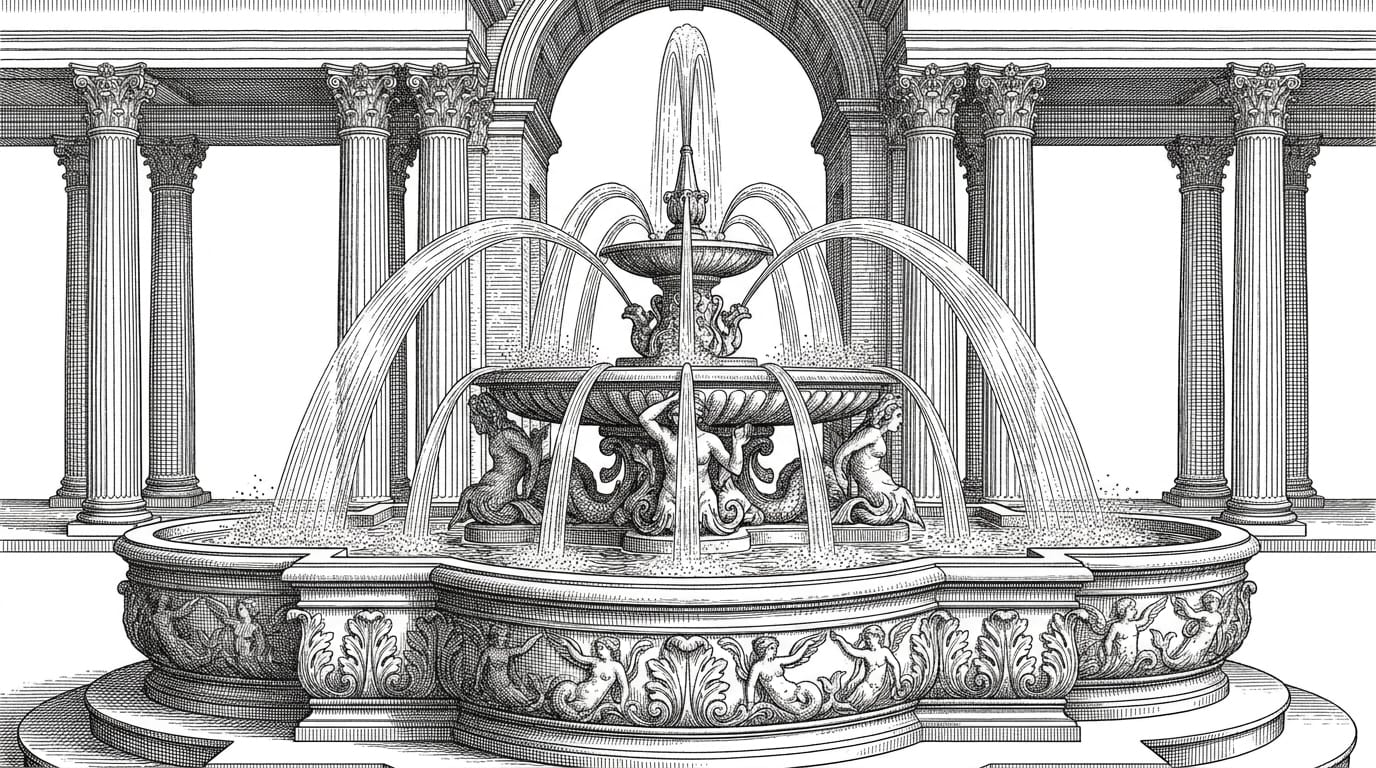 Ornate classical fountain in fine ink etching style, water jets arcing upward in precise hatched lines, tiered stone basins, brand tempo break near article conclusion