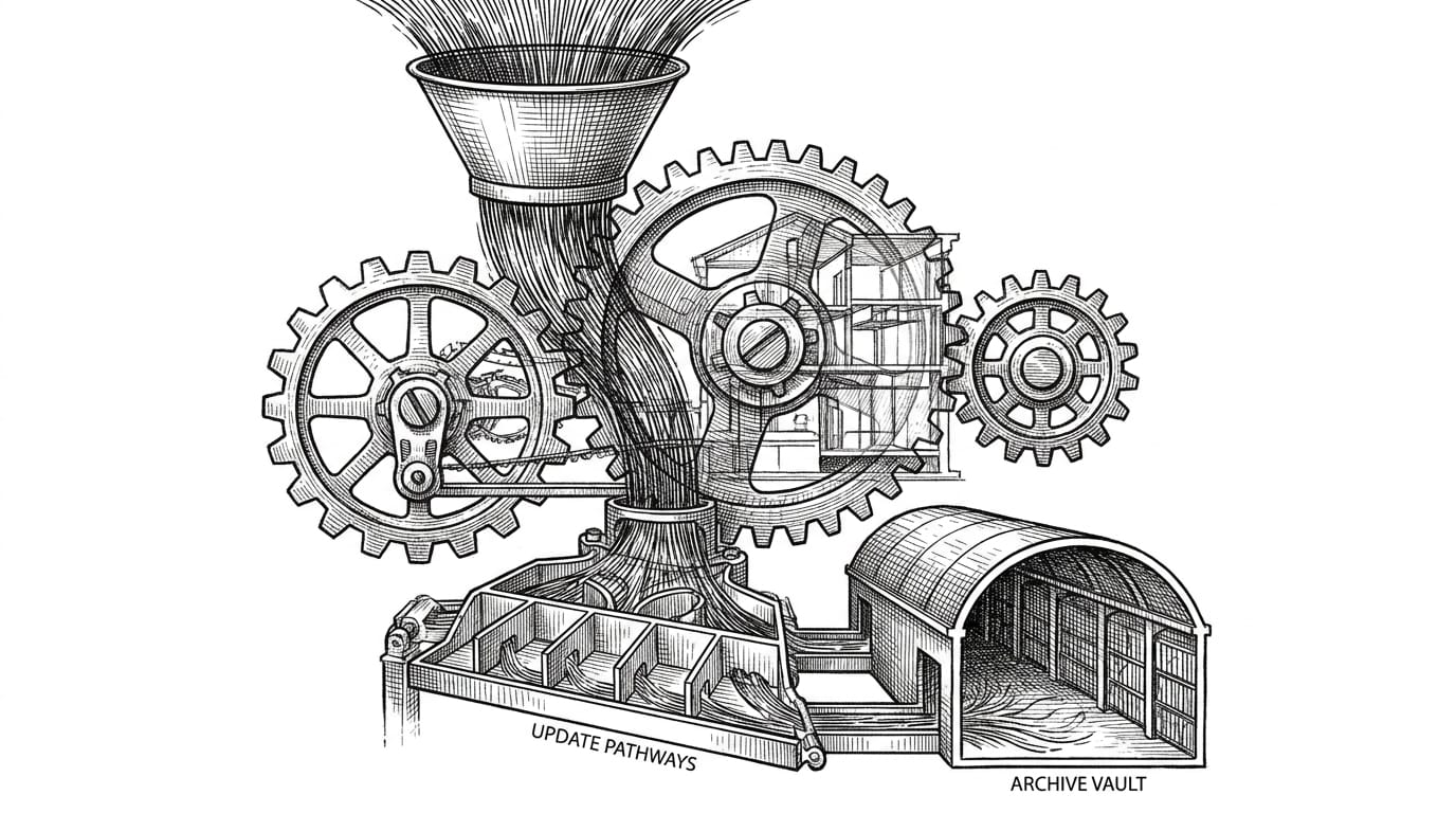 Ink etching of three interlocking mechanical gears with a sorting funnel, representing the extract-update-delete memory lifecycle running with precision after each interaction