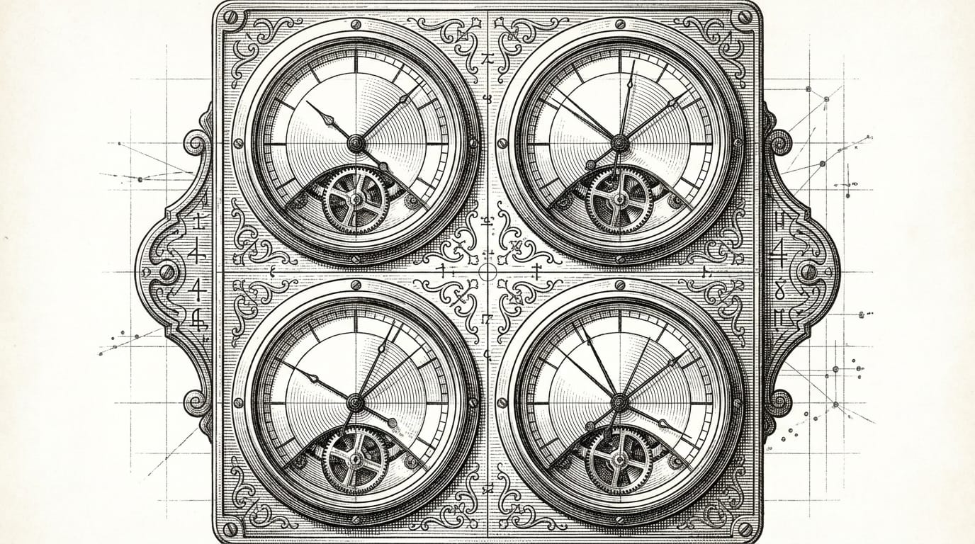 Ink etching of four antique precision scientific gauges on a monitoring panel, representing the four day-one metrics: retrieval hit rate, token usage per turn, latency per turn, and memory growth over time