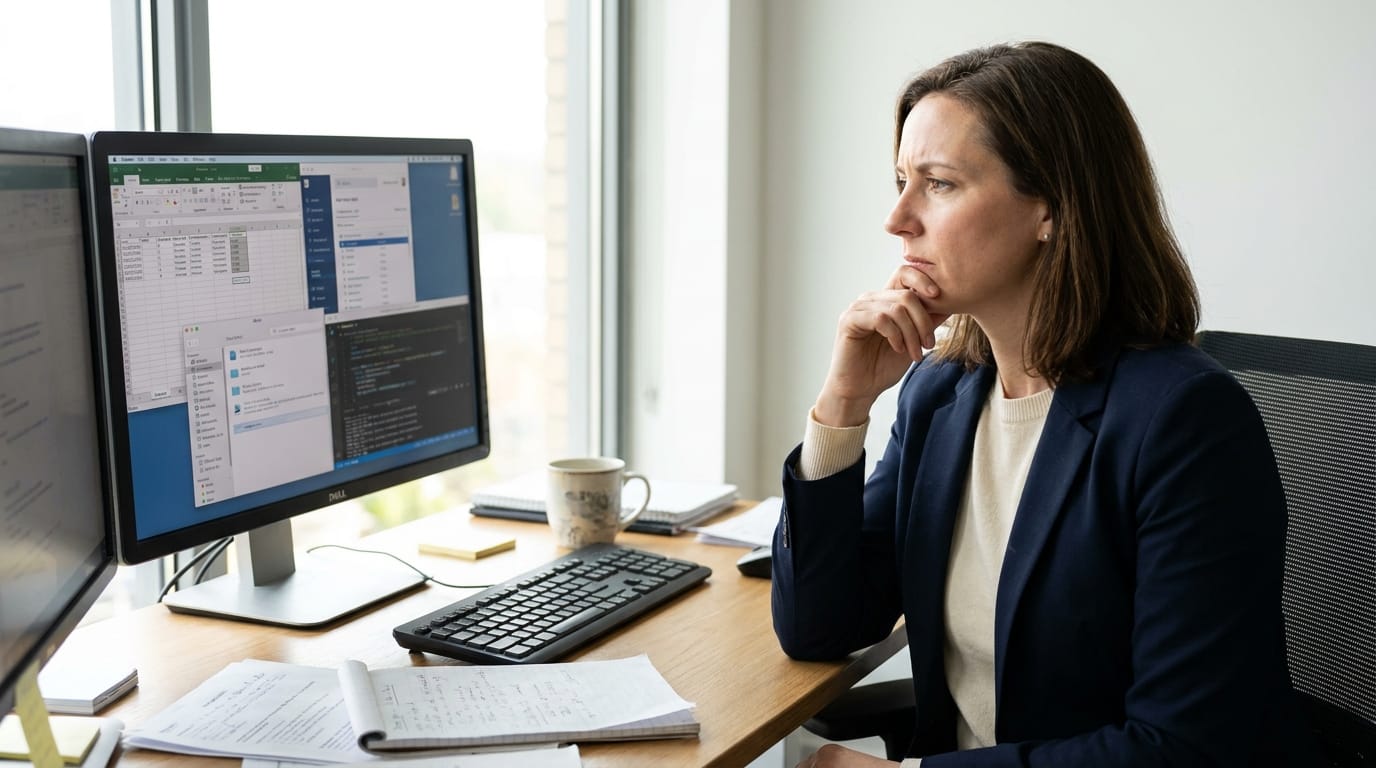 Professional at a desk with multiple separate application windows open, manually reconciling data from disconnected systems