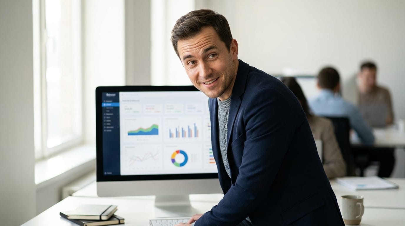 Business analyst reviewing a clean analytics dashboard with multiple report categories visible in an organized layout on screen