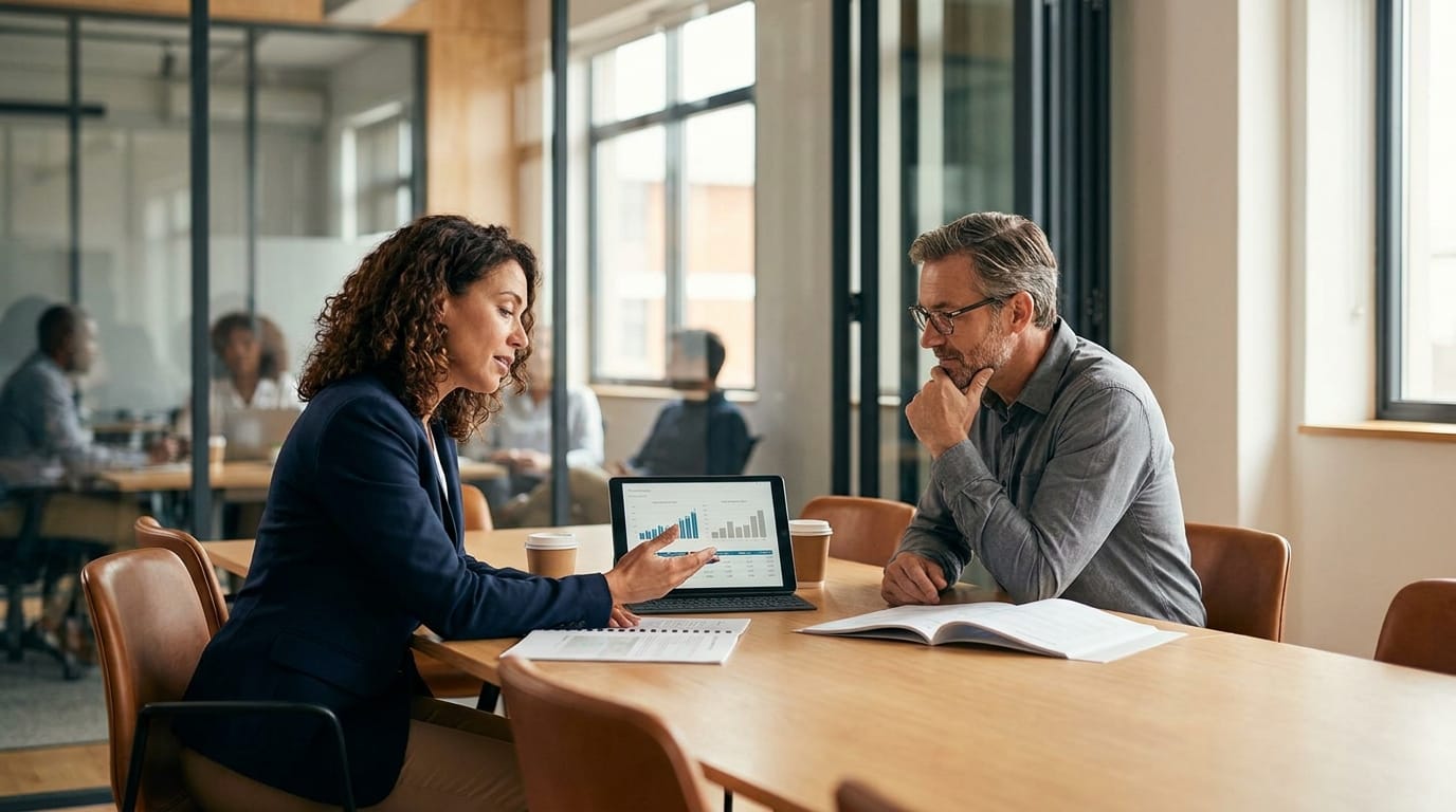 Two business professionals at a meeting table reviewing financial comparison data on a tablet, discussing the cost analysis of build versus buy options
