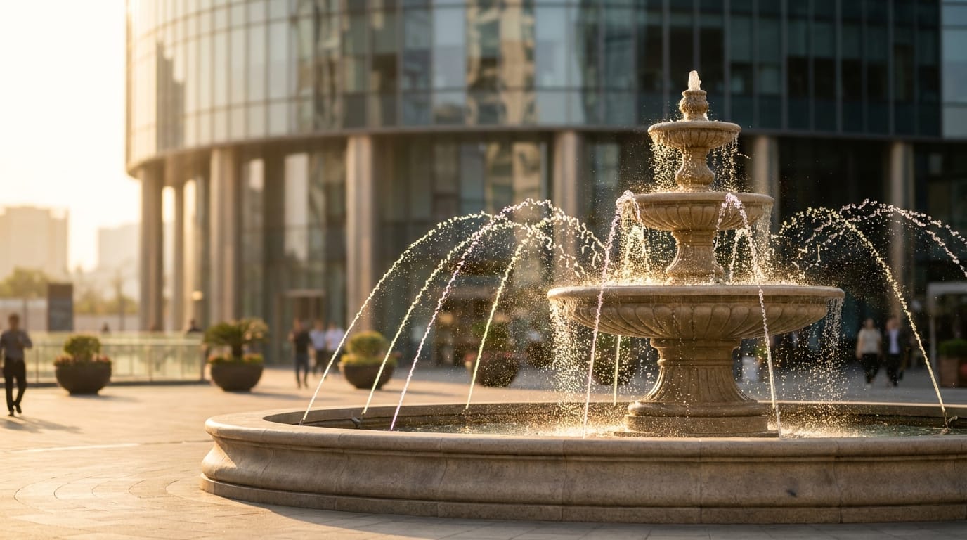 Elegant stone fountain in a sunlit modern urban plaza, water jets in motion catching warm afternoon light with contemporary building background