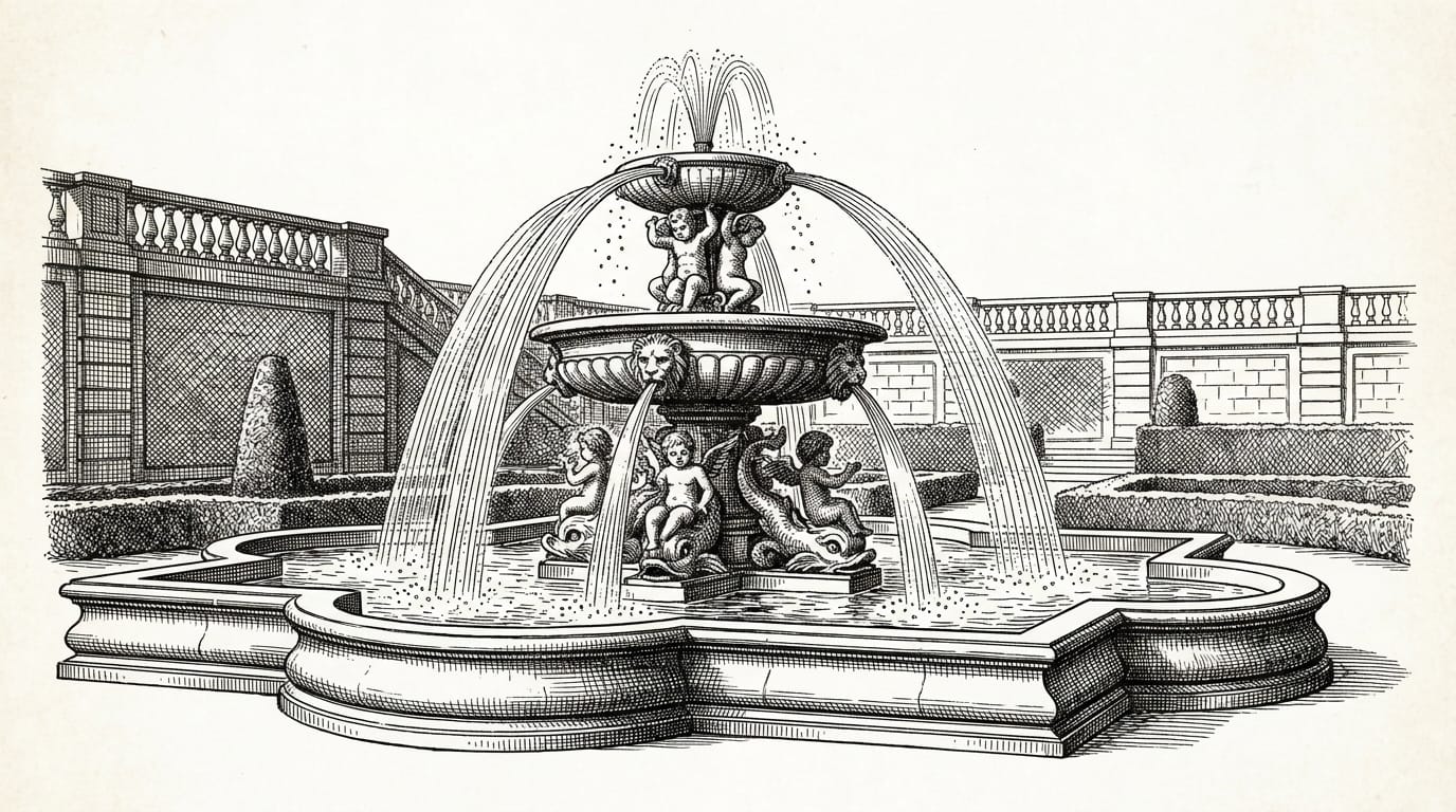 Ornate classical fountain rendered in fine ink etching style, with water jets arcing from tiered stone basins in precise hatched lines