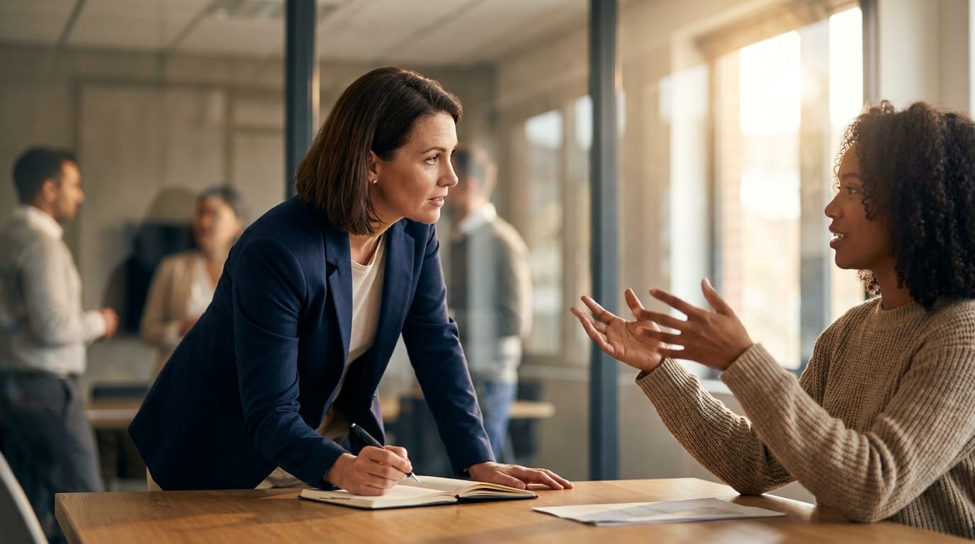 Business consultant and team member in focused conversation across a meeting table, representing the two-pass team interview method for surfacing AI opportunities