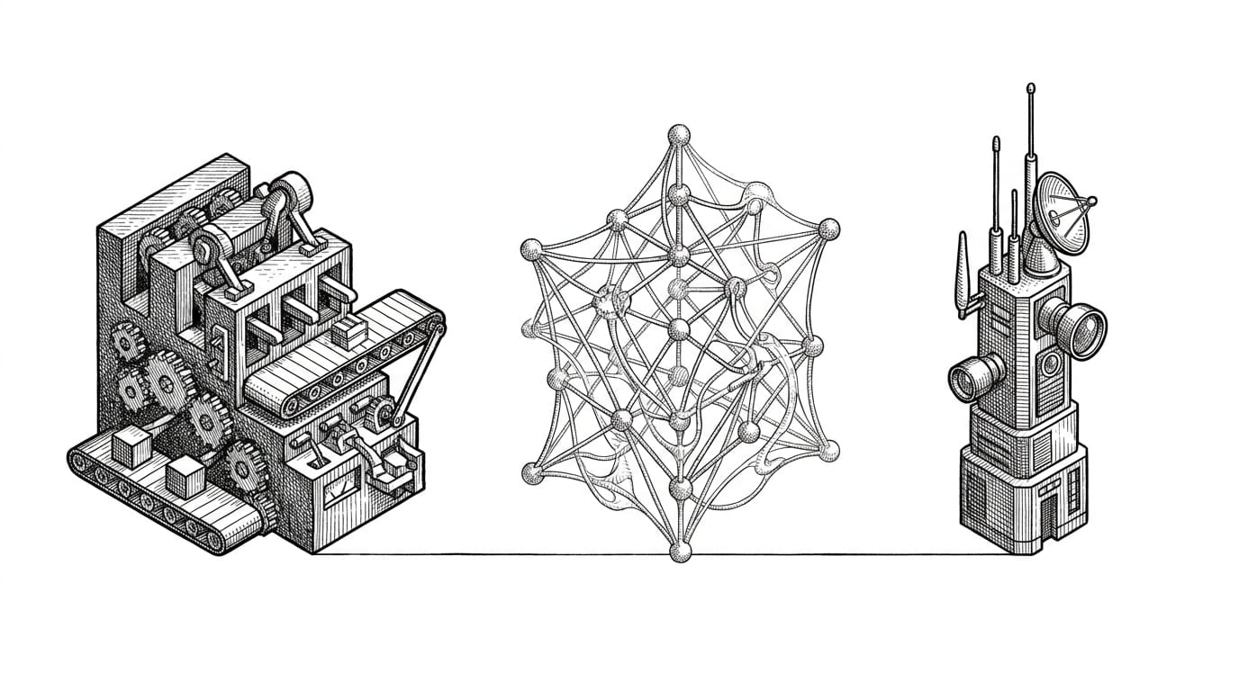 Ink etching of three distinct structural forms arranged side by side, each with unique crosshatch character representing the three AI opportunity types: Automation, Knowledge + Inquiry, and Analysis + Research