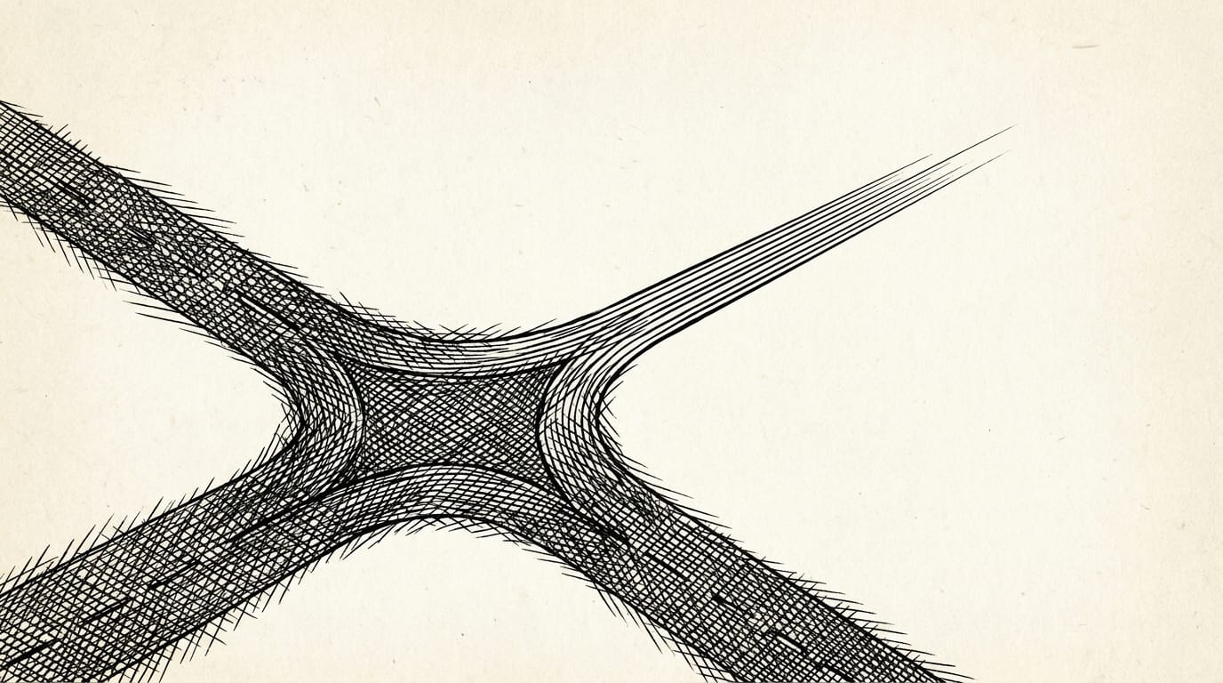 Ink etching of a forked chaotic road converging into a single clean track, representing the leapfrog reframe: building automation creates the process that did not exist before