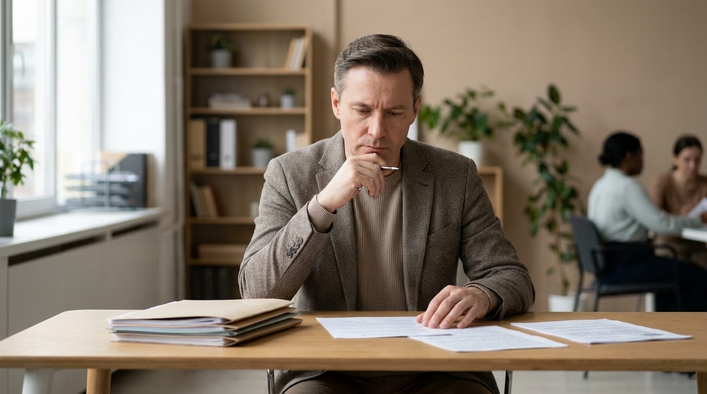 Hiring professional reviewing candidate application files at a desk with natural window light, pen in hand, thoughtful and focused in authentic workplace setting