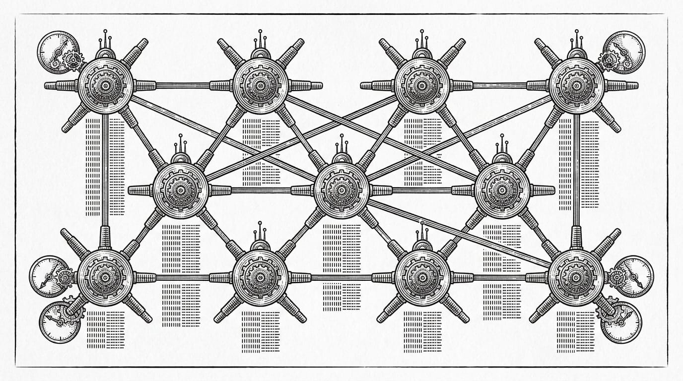Overhead ink etching of a nine-node AI agent fleet with interconnected crosshatch pathways, log columns, and timing dial details on white background