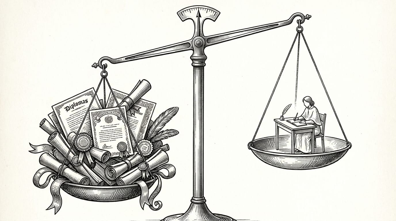 Ink etching balance scale with ornate credentials on the heavy side and a quiet figure at work on the lighter side — the quieter side registers higher on the scale