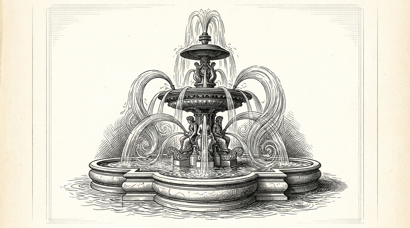 Ornate multi-tiered fountain rendered as a detailed ink etching, water jets arcing and cascading between sculpted stone tiers