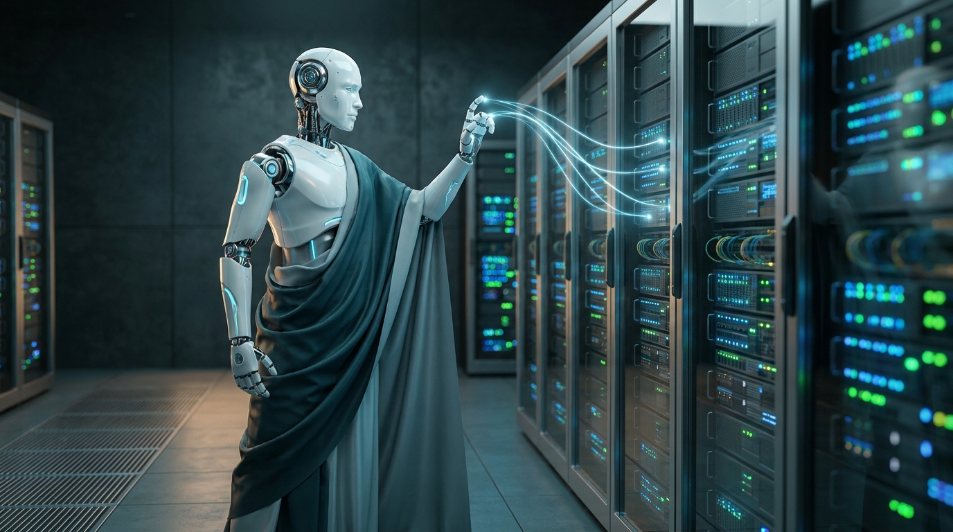 Sleek white CGI robot in a flowing cloak directs streams of blue light into a row of server racks, caring for an OpenClaw and Hermes agent fleet