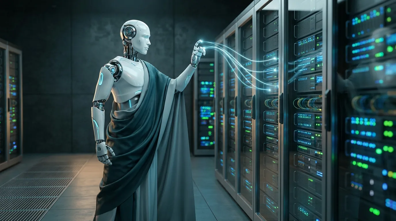 Sleek white CGI robot in a flowing cloak directs streams of blue light into a row of server racks, caring for an OpenClaw and Hermes agent fleet